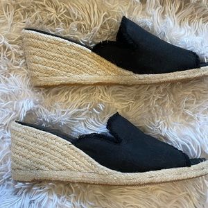 Ralph Lauren  black wedge espadrilles. Material fringed trim upper/woven heel.